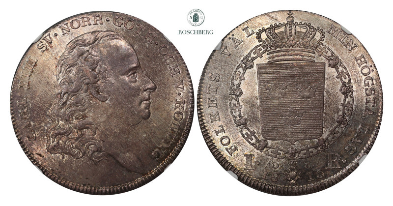 * SWEDEN. 1 Riksdaler 1815-OL NGC MS63, KM-588. Fabolous old patina covering a s...