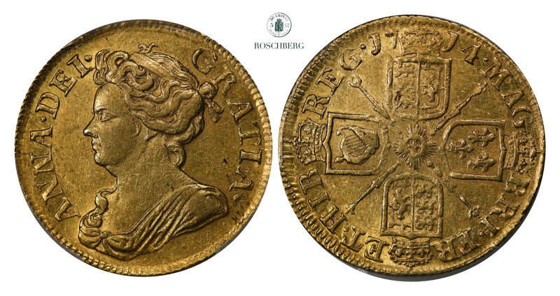 * GREAT BRITAIN. Guinea 1714 PCGS AU55, S.3574. An outstanding near Uncirculated...