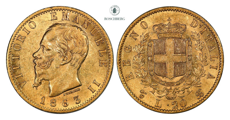 ITALY. 20 Lire 1863-T BN AU, KM-10. Turin Mint. Grade: AU Valuation: 5000-6000