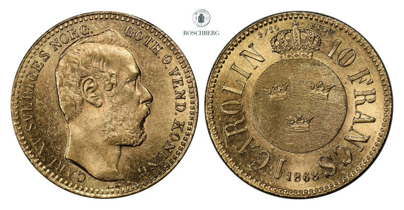 * SWEDEN. 10 Francs / Carolin 1868 UNC, KM-716. Always a type in demand, from a ...