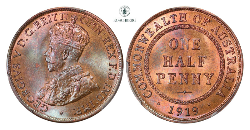 * AUSTRALIA Halfpenny 1919 PCGS MS65RB, KM-22. Well struck, blue and red patina....