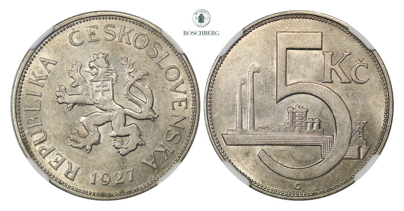 * CZECHOSLOVAKIA. 5 Korun 1927 NGC AU58, KM-10. Key date of the series. Here a v...