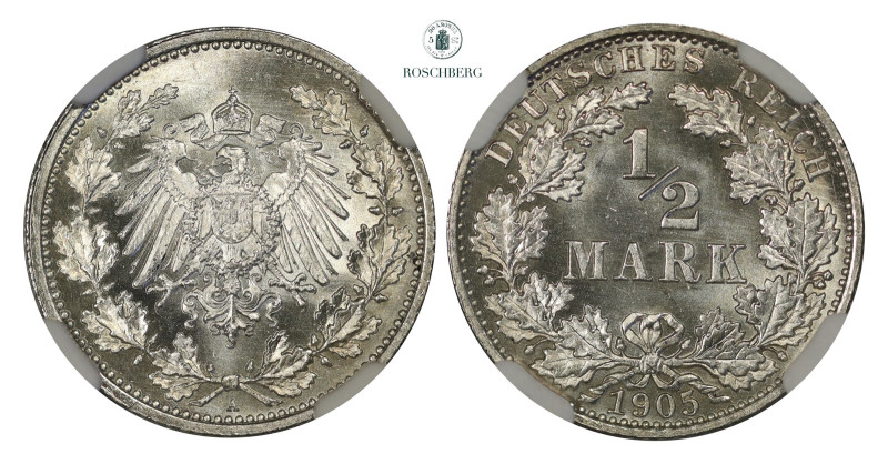 * GERMANY EMPIRE. 1/2 Mark 1905-A NGC MS66, KM-17. Beautiful silver colour, blaz...