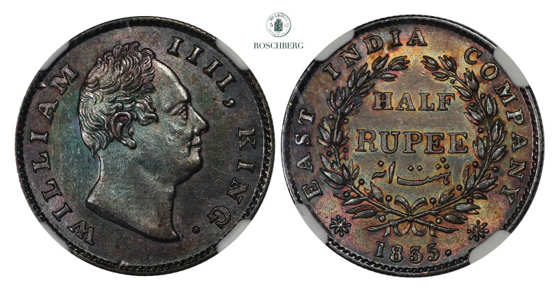 * INDIA, British. 1/2 Rupee 1835.(C) NGC AU58, KM-449. Delightful green and purp...