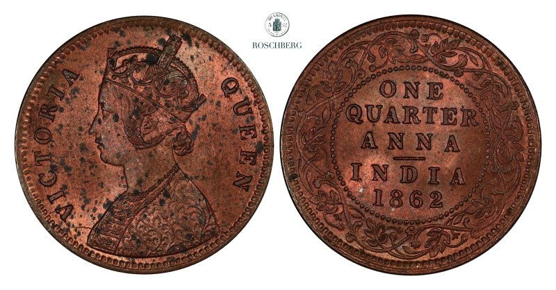 * INDIA, BRITISH. 1/4 Anna 1862 UNC, Somewhat spotty on the obverse, as usual fo...