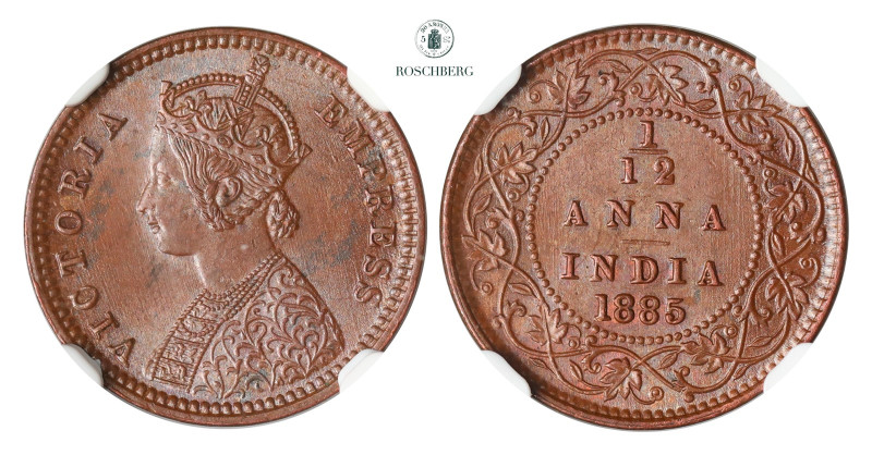 * INDIA, British. 1/12 Anna 1885-C NGC MS64BN, KM-483. Tied Finest. Rare date to...