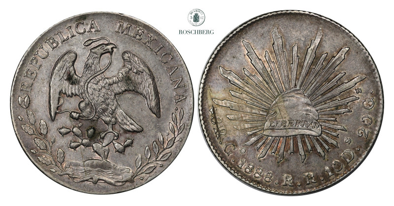 MEXICO. 8 Reales 1888-Go RR AU, Fine original patina. Grade: AU Valuation: 1200-...