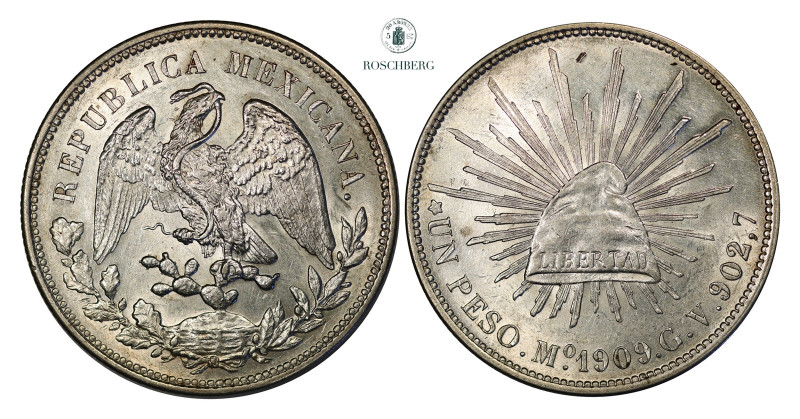 * MEXICO. 1 Peso 1909-Mo AM UNC., Fine bright luster. Grade: UNC Valuation: 1000...