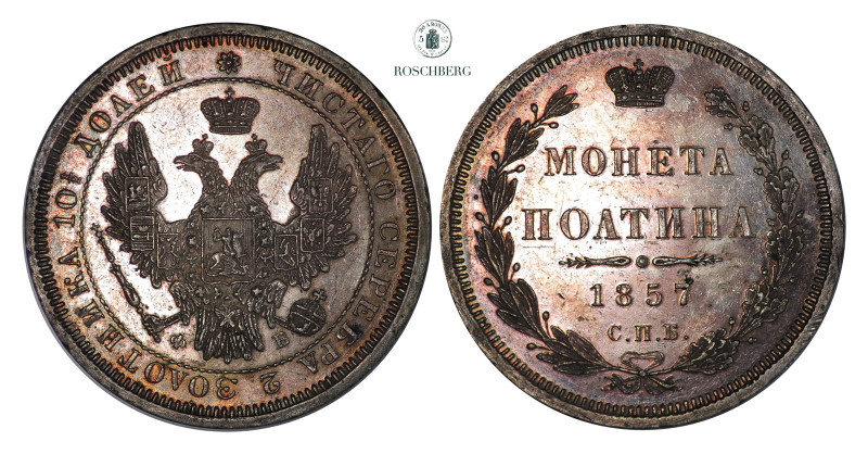 RUSSIA, 50 Kopecks/Poltina 1857 CNB ØE UNC, KM-C161.1. Lovely luster underneath ...