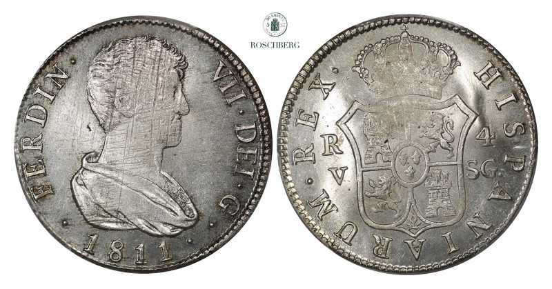 * SPAIN. 4 Reales 1811-V SG PCGS MS64, KM-453.2 This coin exhibits an almost pro...