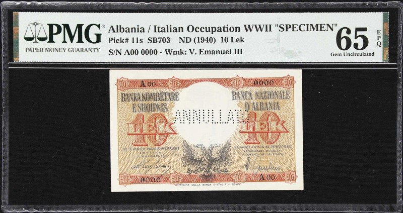 ALBANIA. Banca Nazionale D'Albania. 10 Lek, ND (1940). P-11s. SB703. Specimen. P...