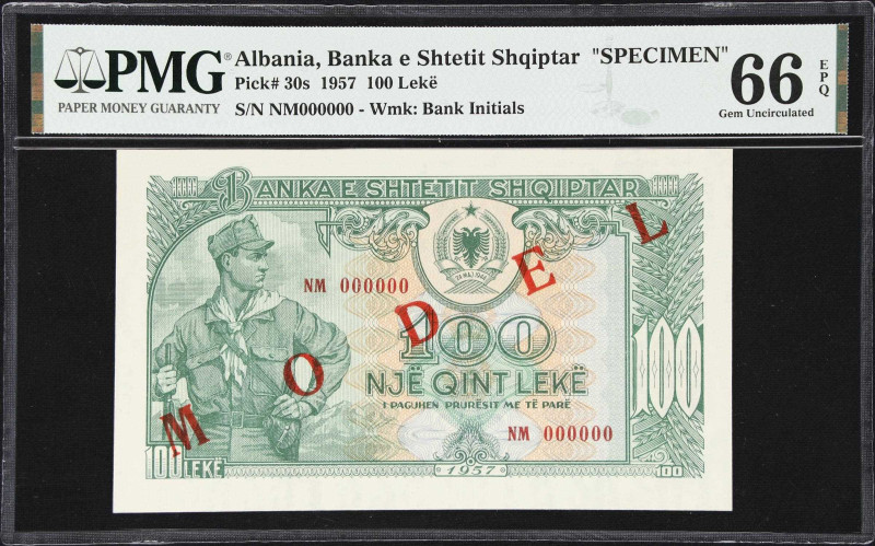 ALBANIA. Banka e Shtetit Shqiptar. 100 Leke, 1957. P-30s. Specimen. PMG Gem Unci...