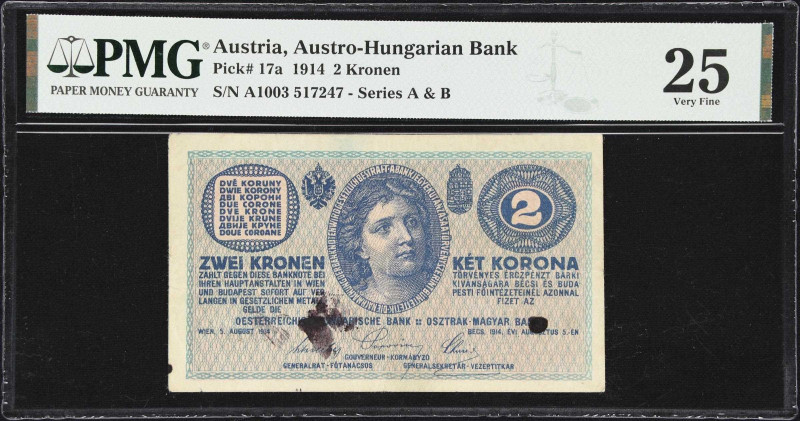 AUSTRIA. Lot of (3). Austro-Hungarian Bank. 2 Kronen, 5.8.1914. P-17a & P-17b. P...