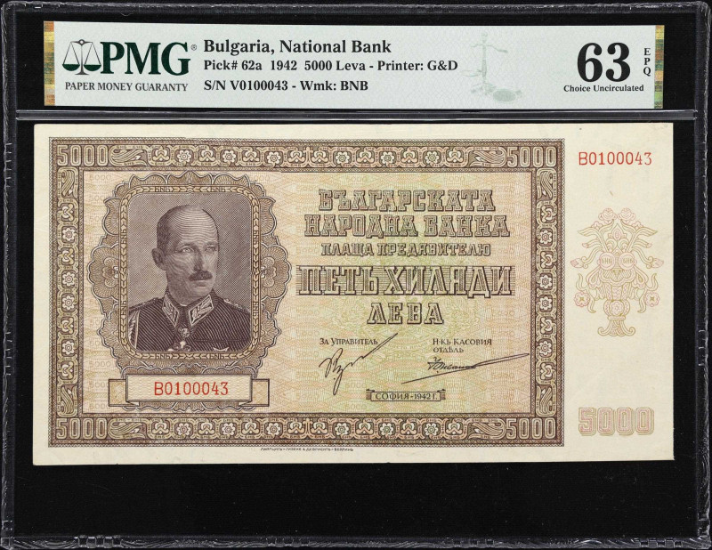 BULGARIA. Banque Nationale de Bulgarie. 5000 Leva, 1942. P-62a. PMG Choice Uncir...