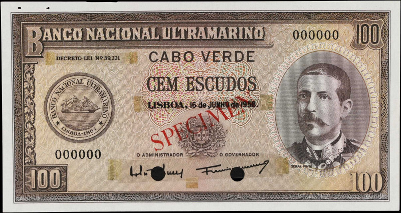 CAPE VERDE. Banco Nacional Ultramarino. 100 Escudos, 16.6.1958. P-49as. Specimen...