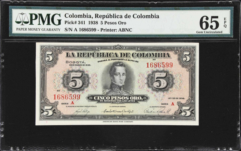 COLOMBIA. Republica de Colombia. 5 Pesos Oro, 22.3.1938. P-341. PMG Gem Uncircul...