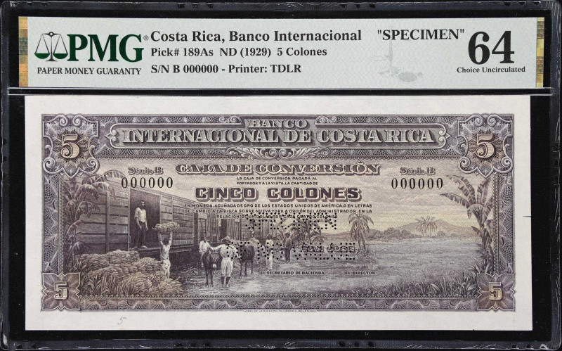 COSTA RICA. Banco Internacional de Costa Rica. 5 Colones, ND (1929). P-189As. Sp...