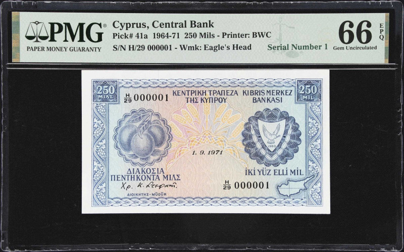 CYPRUS. Central Bank of Cyprus. 250 Mils, 1.9.1971. P-41a. Serial Number 1. PMG ...