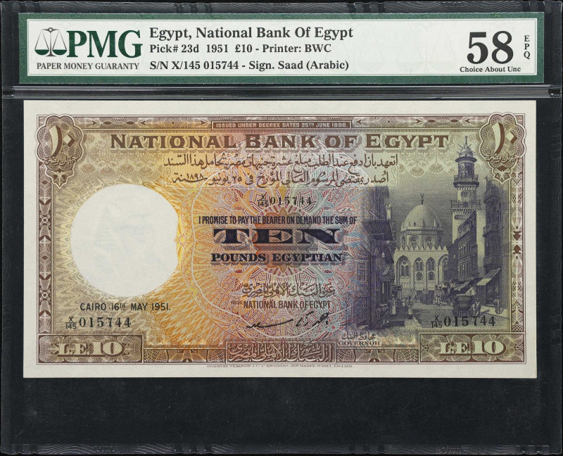 EGYPT. National Bank of Egypt. 10 Pounds, 16.5.1951. P-23d. PMG Choice About Unc...