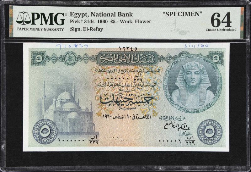 EGYPT. National Bank of Egypt. 5 Pounds, 1960. P-31ds. Specimen. PMG Choice Unci...