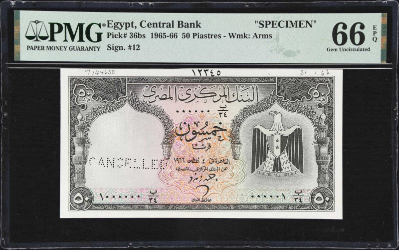 EGYPT. Central Bank of Egypt. 50 Piastres, 1966. P-36bs. Specimen. PMG Gem Uncir...