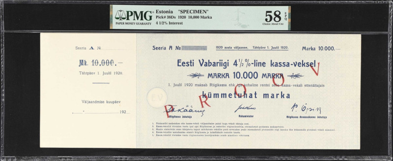 ESTONIA. Eesti Vabariigi. 10,000 Marka, 1.7.1920. P-38Ds. Specimen. PMG Choice A...