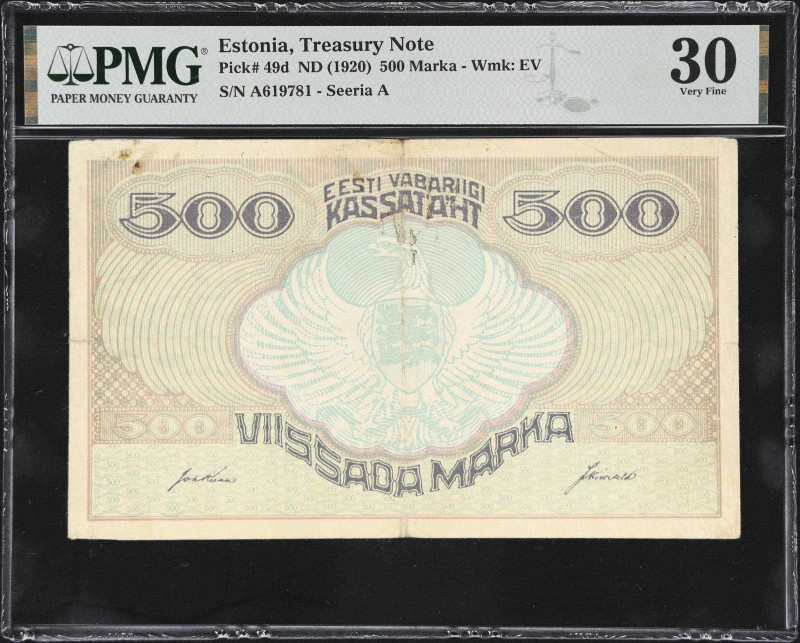 ESTONIA. Eesti Vabariigi. 500 Marka, ND (1920). P-49d. PMG Very Fine 30.
A high...