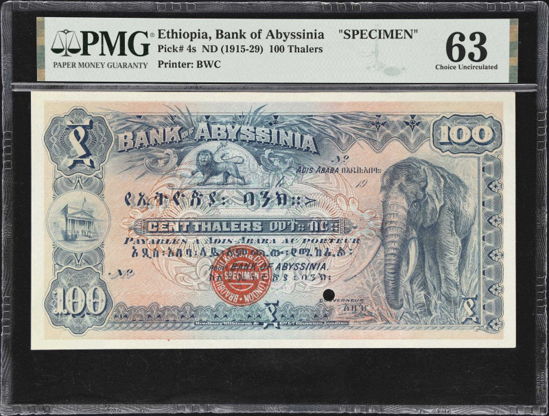 ETHIOPIA. Bank of Abyssinia. 100 Thalers, ND (1915-29). P-4s. Specimen. PMG Choi...