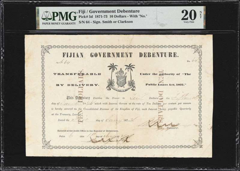 FIJI. Government of Fiji. 10 Dollars, 1.1.1872. P-5d. PMG Very Fine 20 Net. Seve...