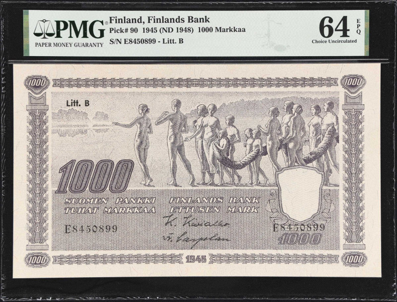 FINLAND. Finlands Bank. 1000 Markkaa, 1945. P-90. PMG Choice Uncirculated 64 EPQ...