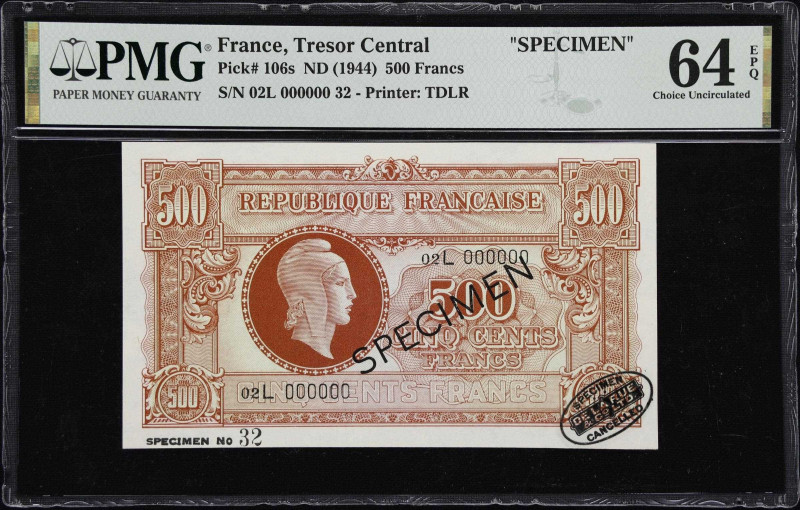 FRANCE. Republique Francaise Tresor Central. 500 Francs, ND (1944). P-106s. Spec...