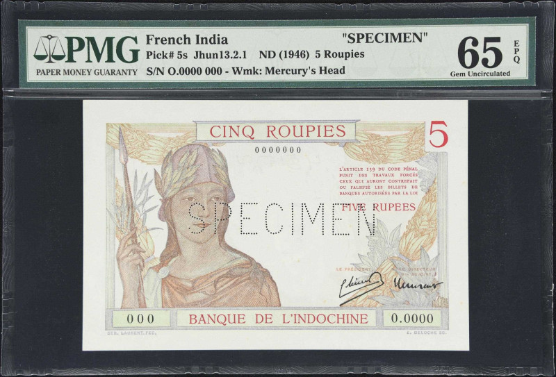 FRENCH INDIA. Banque de l'Indochine. 5 Roupies, ND (1946). P-5s. Jhun&Rez 13.2.1...