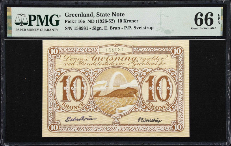 GREENLAND. Gronlands Styrelse. 10 Kroner, ND (1926-52). P-16e. PMG Gem Uncircula...