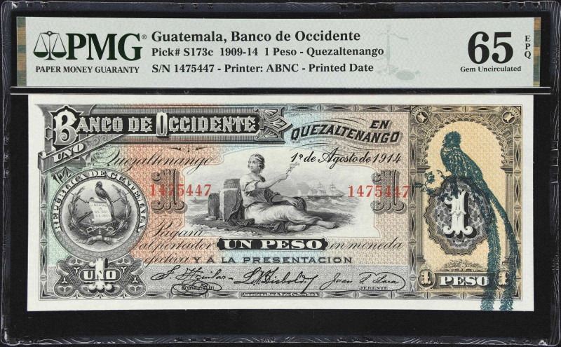 GUATEMALA. Banco de Occidente. 1 Peso, 1.8.1914. P-S173c. PMG Gem Uncirculated 6...