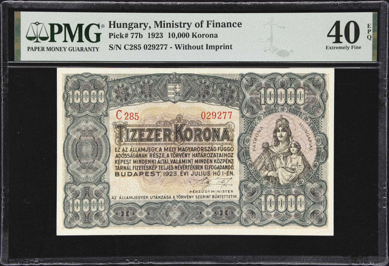 HUNGARY. Penzugyminiszterium. 10,000 Korona, 1923. P-77b. PMG Extremely Fine 40 ...