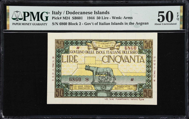 ITALY. Dodecanese Islands. 50 Lire, 21.4.1944. P-M24. SB601. PMG About Uncircula...