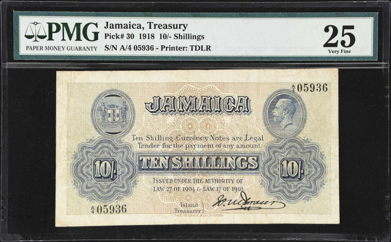 JAMAICA. Treasury of Jamaica. 10 Shillings, 1918. P-30. PMG Very Fine 25.
W.M. ...