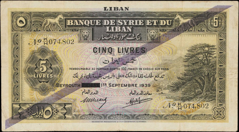 LEBANON. Banque de Syrie et du Liban. 5 Livres, 1939. P-27. Fine.
Nice circulat...