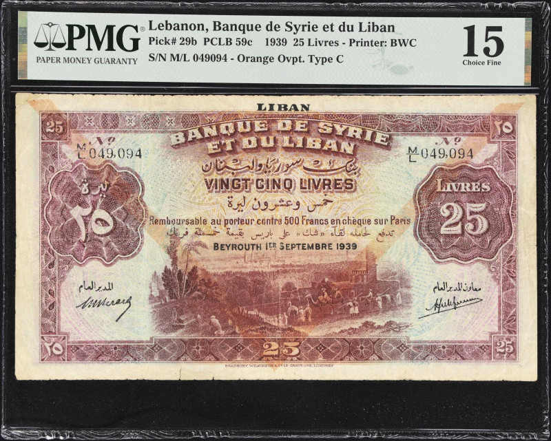 LEBANON. Banque de Syrie et du Liban. 25 Livres, 1.9.1939. P-29b. PCLB 59c. PMG ...