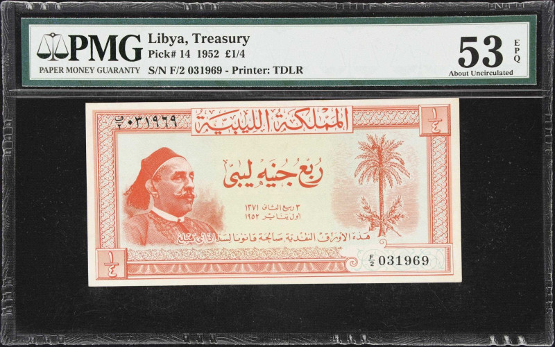 LIBYA. Kingdom of Libya. 1/4 Libyan Pound, 1952. P-14. PMG About Uncirculated 53...