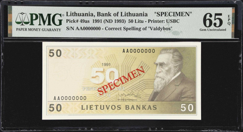 LITHUANIA. Lietuvos Bankas. 50 Litu, 1991. P-49as. Specimen. PMG Gem Uncirculate...