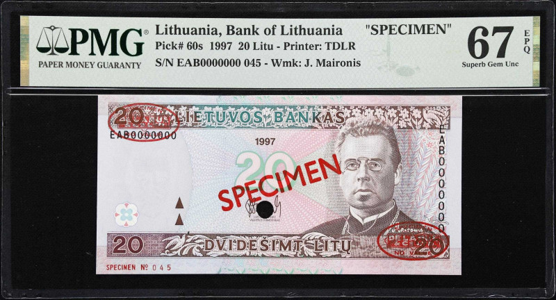 LITHUANIA. Bank of Lithuania. 20 Litu, 1997. P-60s. Specimen. PMG Superb Gem Unc...