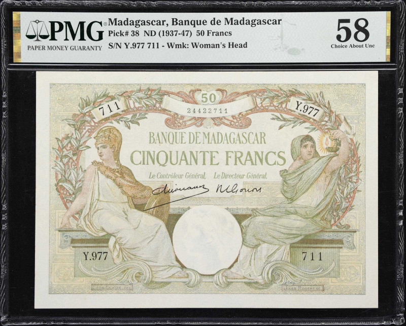 MADAGASCAR. Banque de Madagascar. 50 Francs, ND (1937-47). P-38. PMG Choice Abou...