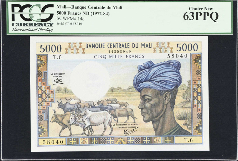 MALI. Banque Centrale du Mali. 5000 Francs, ND (1972-84). P-14e. PCGS Currency C...