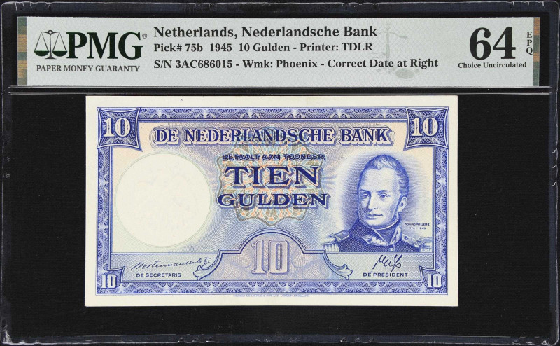 NETHERLANDS. Nederlandsche Bank. 10 Gulden, 7.5.1945. P-75b. PMG Choice Uncircul...