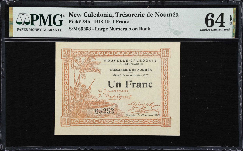 NEW CALEDONIA. Tresorerie de Noumea. 1 Franc, 13.1.1919. P-34b. PMG Choice Uncir...