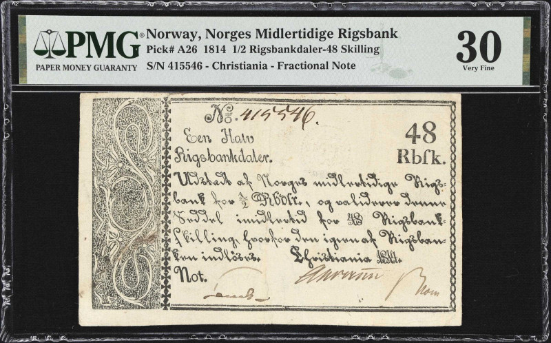 NORWAY. Norges Midlertidige Rigsbank. 1/2 Rigsbankdaler-48 Skilling, 1814. P-A26...