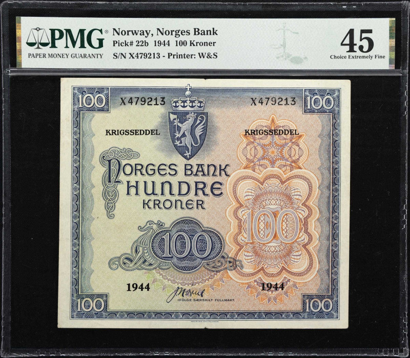 NORWAY. Norges Bank. 100 Kroner, 1944. P-22b. PMG Choice Extremely Fine 45.
The...