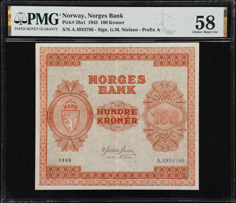 NORWAY. Norges Bank. 100 Kroner, 1945. P-28a1. PMG Choice About Uncirculated 58....