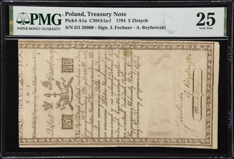 POLAND. Treasury. 5 Zlotych, 8.6.1794. P-A1a. CM#A1a. PMG Very Fine 25.
Series ...